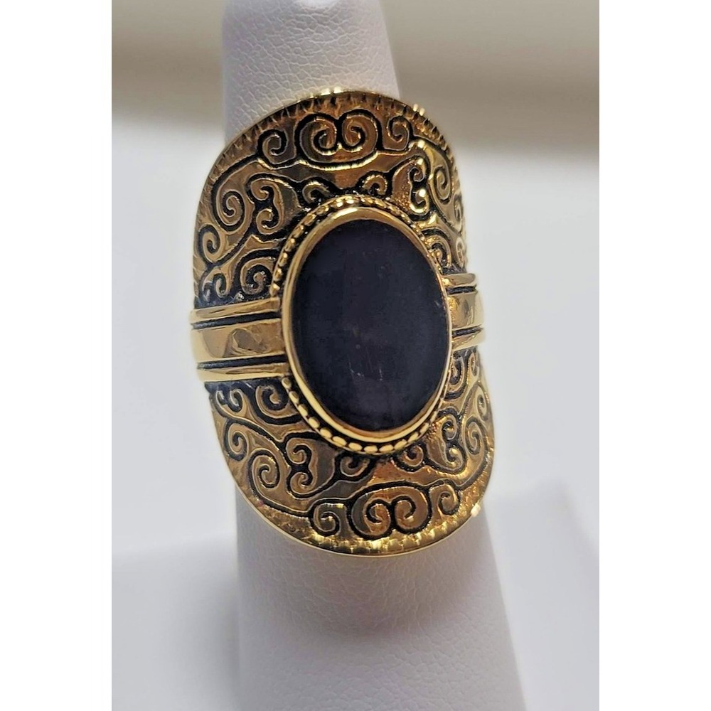Gold Tone SS Black Cabochon Cocktail Ring Womens Size 5.75 Oval Scroll Statement